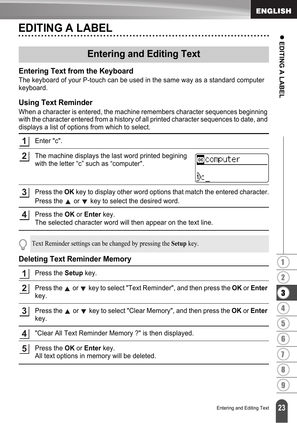 Editing a label, Entering and editing text, Entering text from the keyboard | Using text reminder, P. 23 | Brother LW6091001 User Manual | Page 27 / 84