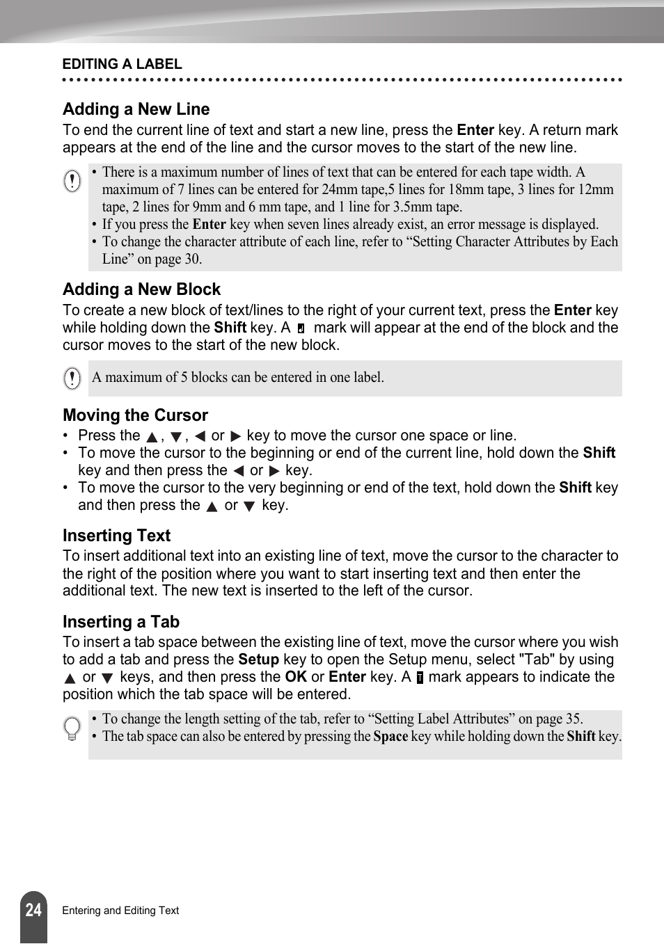 Adding a new line, Adding a new block, Moving the cursor | Inserting text, Inserting a tab | Brother LW6091001 User Manual | Page 28 / 84