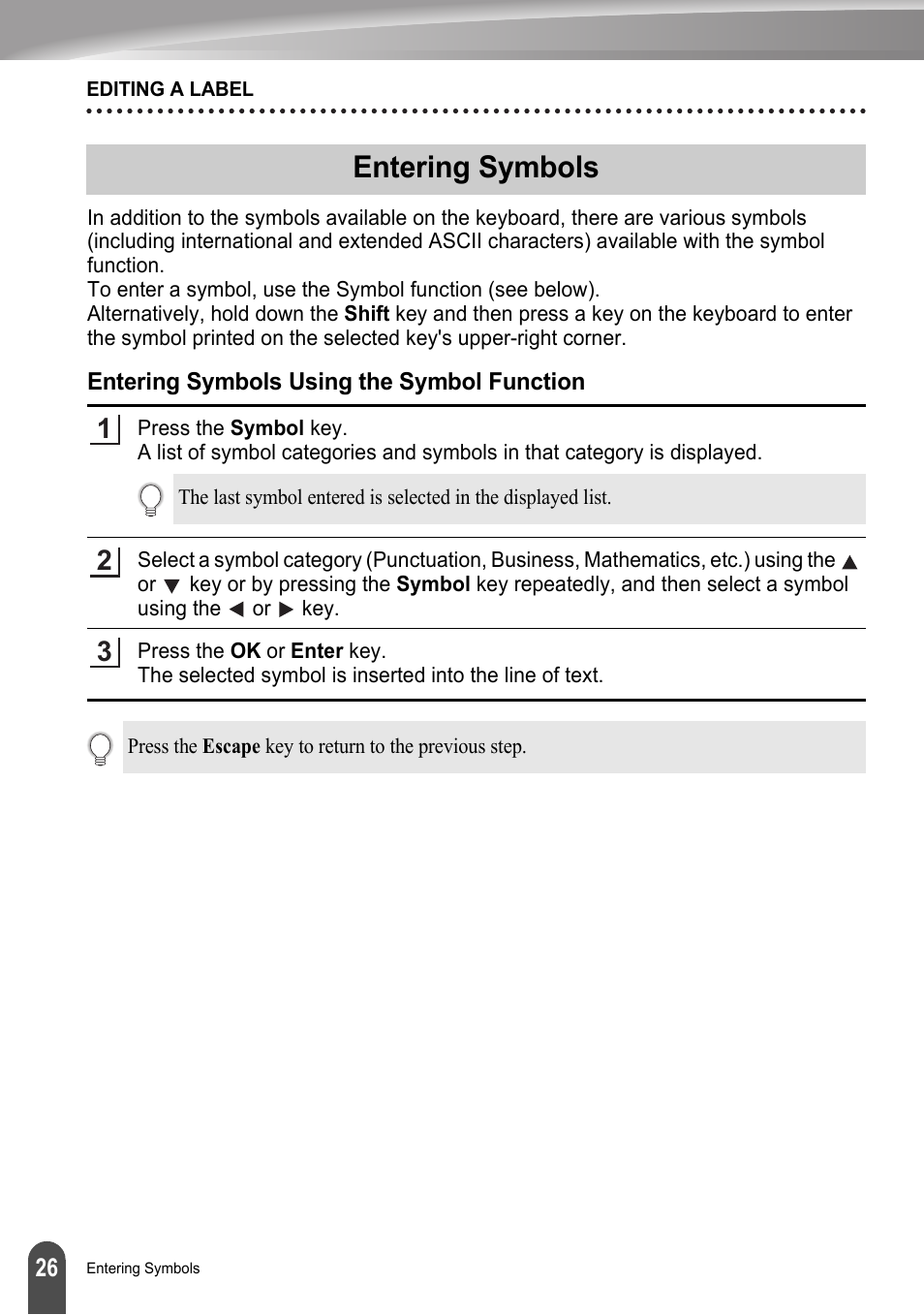 Entering symbols, Entering symbols using the symbol function, P. 26 | Brother LW6091001 User Manual | Page 30 / 84