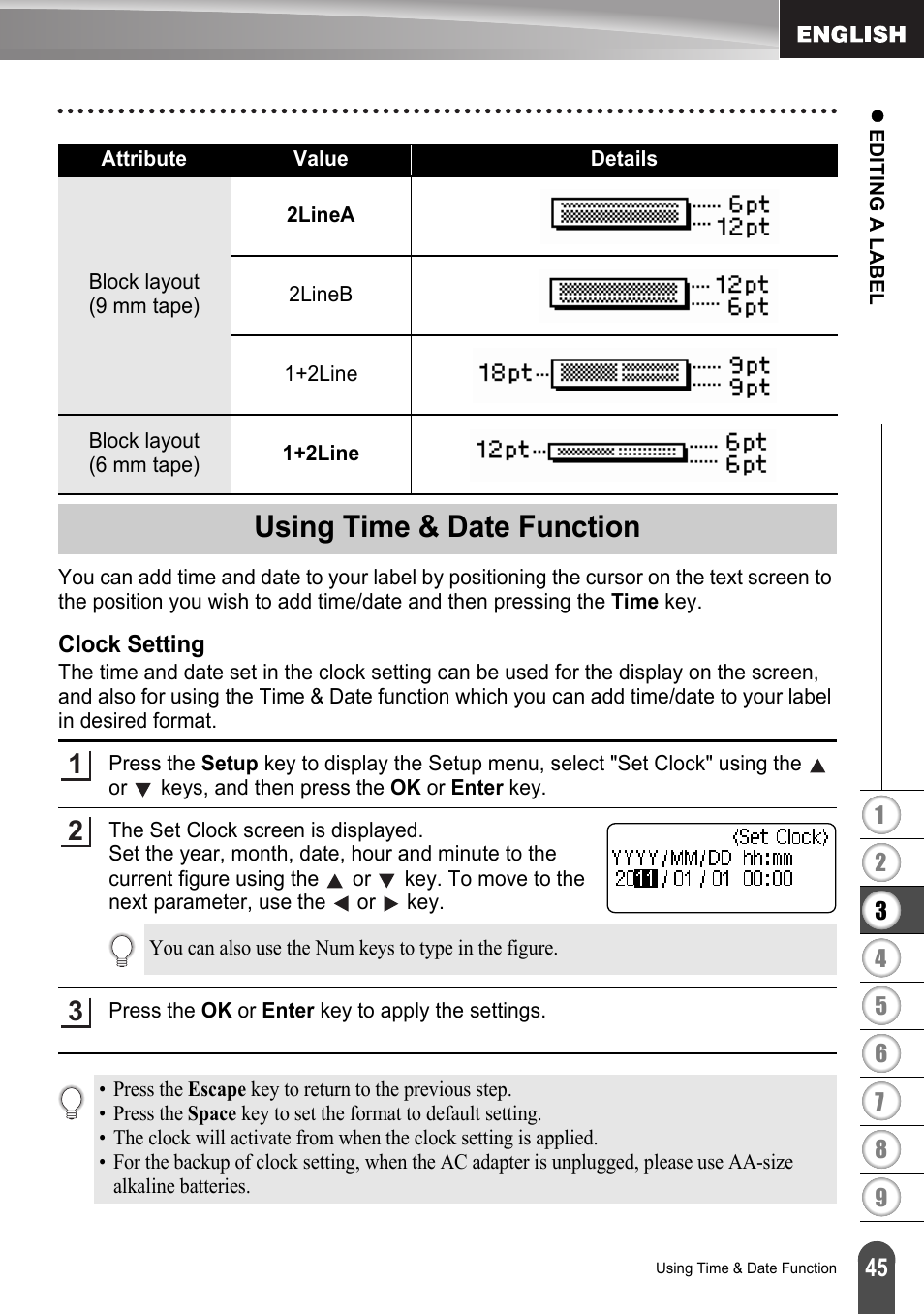 Using time & date function, Clock setting | Brother LW6091001 User Manual | Page 49 / 84