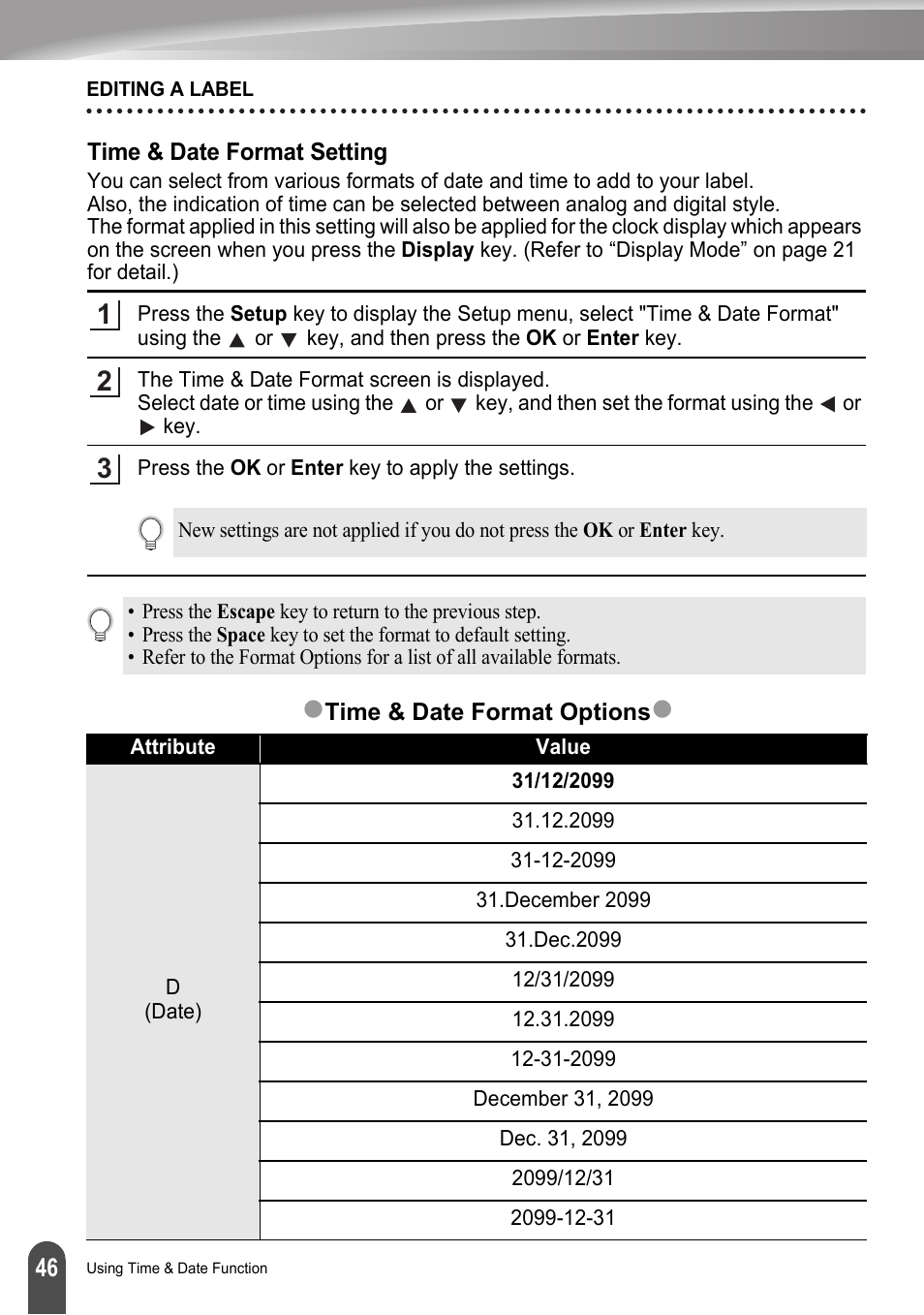 Time & date format setting | Brother LW6091001 User Manual | Page 50 / 84