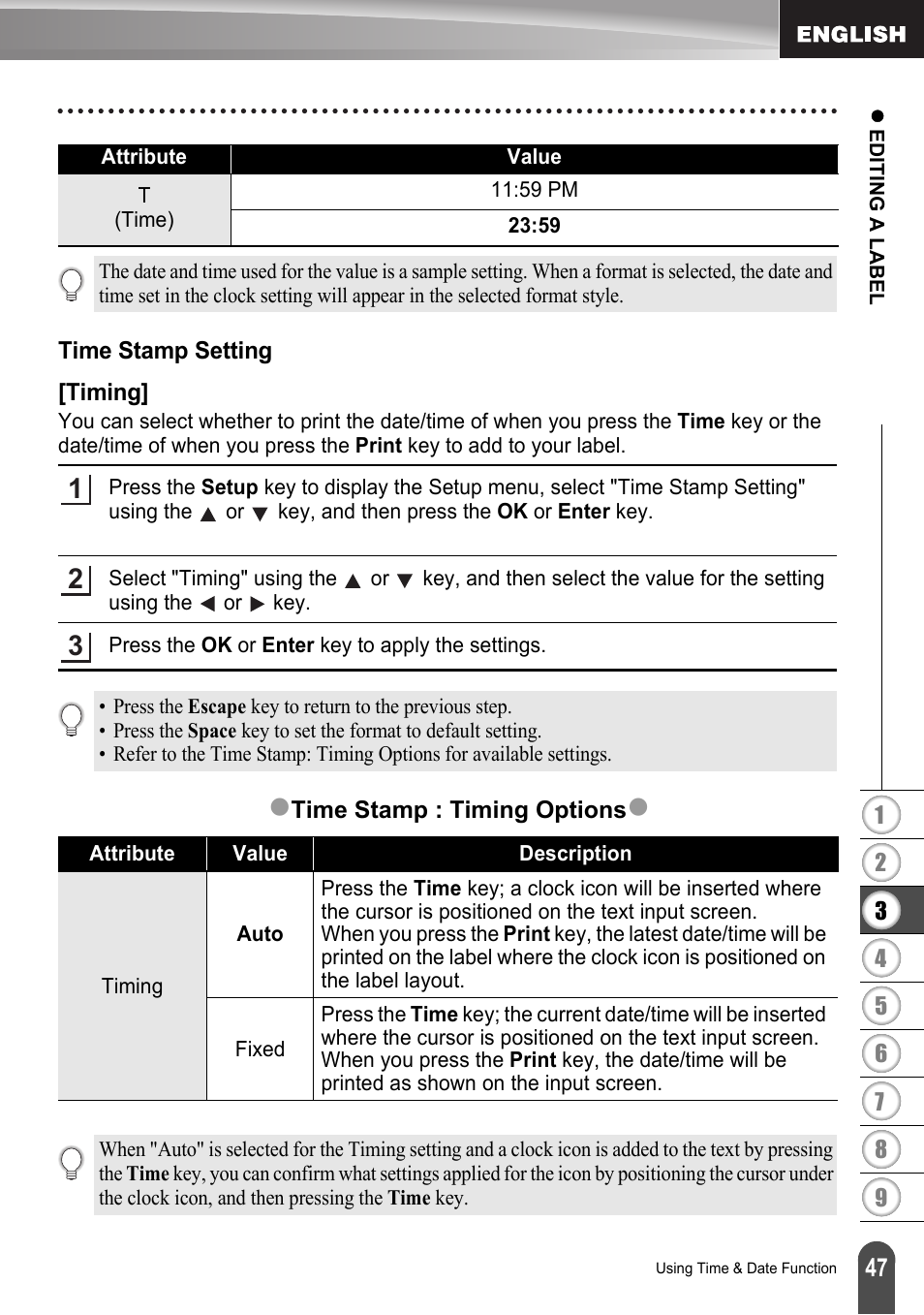 Time stamp setting, Timing | Brother LW6091001 User Manual | Page 51 / 84