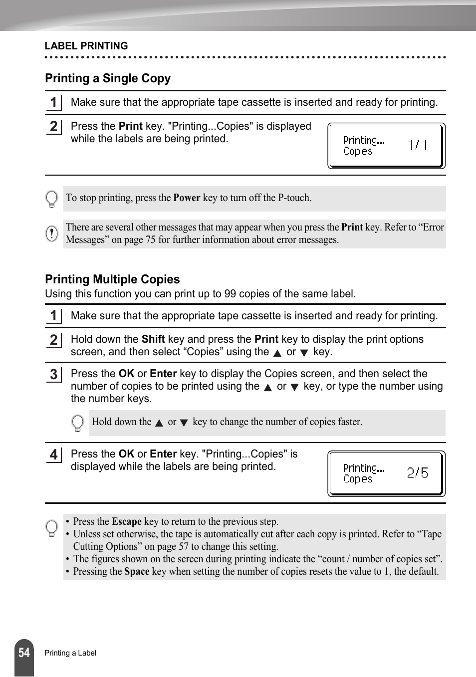 Printing a single copy, Printing multiple copies, Printing a single copy printing multiple copies | Brother LW6091001 User Manual | Page 58 / 84