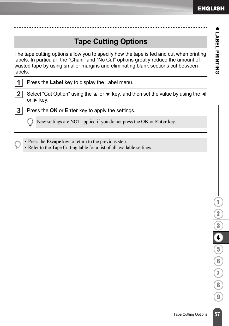 Tape cutting options, P. 57, Tape cutting options” on | Brother LW6091001 User Manual | Page 61 / 84