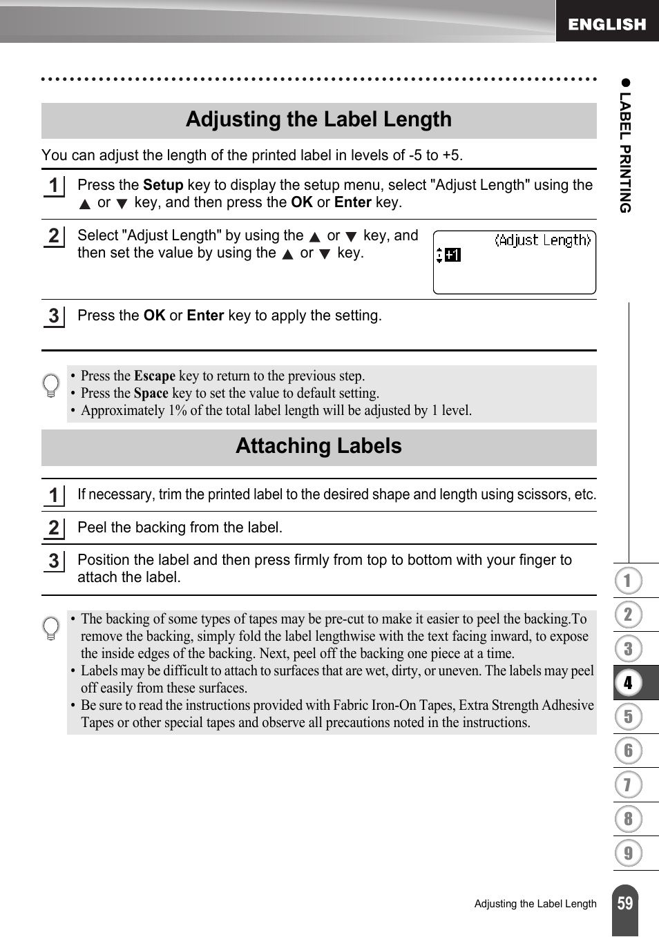 Adjusting the label length, Attaching labels, Adjusting the label length attaching labels | To “adjusting the | Brother LW6091001 User Manual | Page 63 / 84