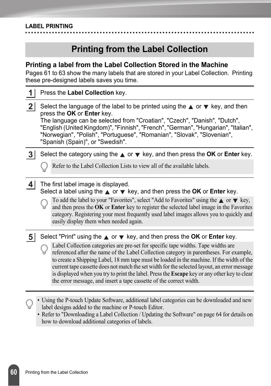 Printing from the label collection, P. 60 | Brother LW6091001 User Manual | Page 64 / 84