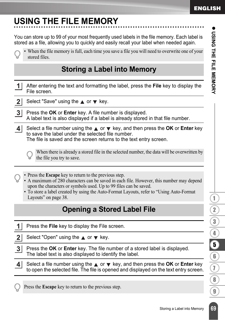 Using the file memory, Storing a label into memory, Opening a stored label file | Brother LW6091001 User Manual | Page 73 / 84