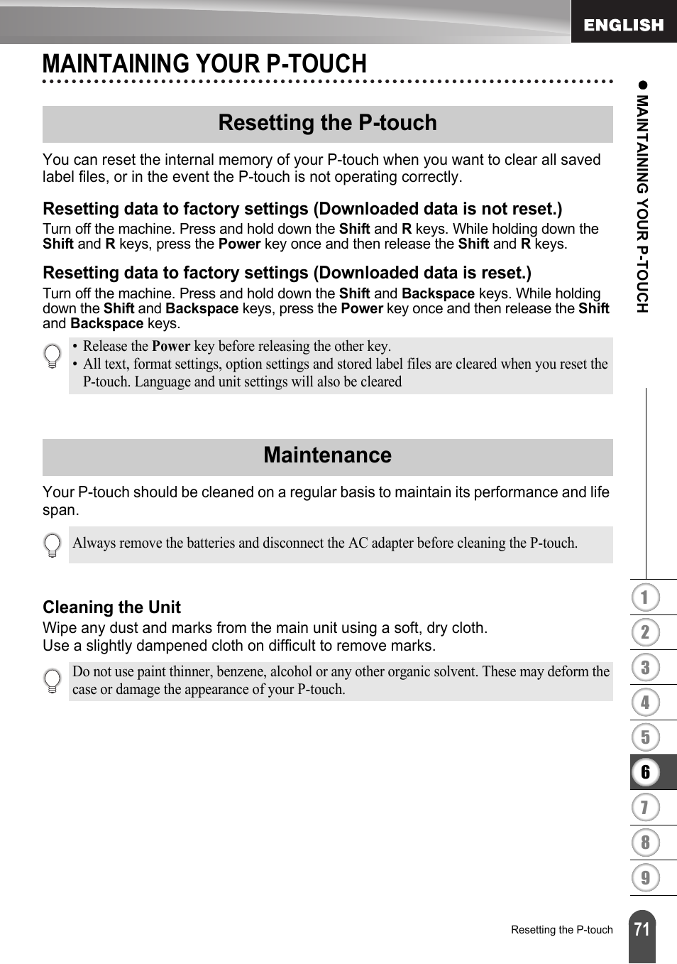 Maintaining your p-touch, Resetting the p-touch, Maintenance | Cleaning the unit | Brother LW6091001 User Manual | Page 75 / 84