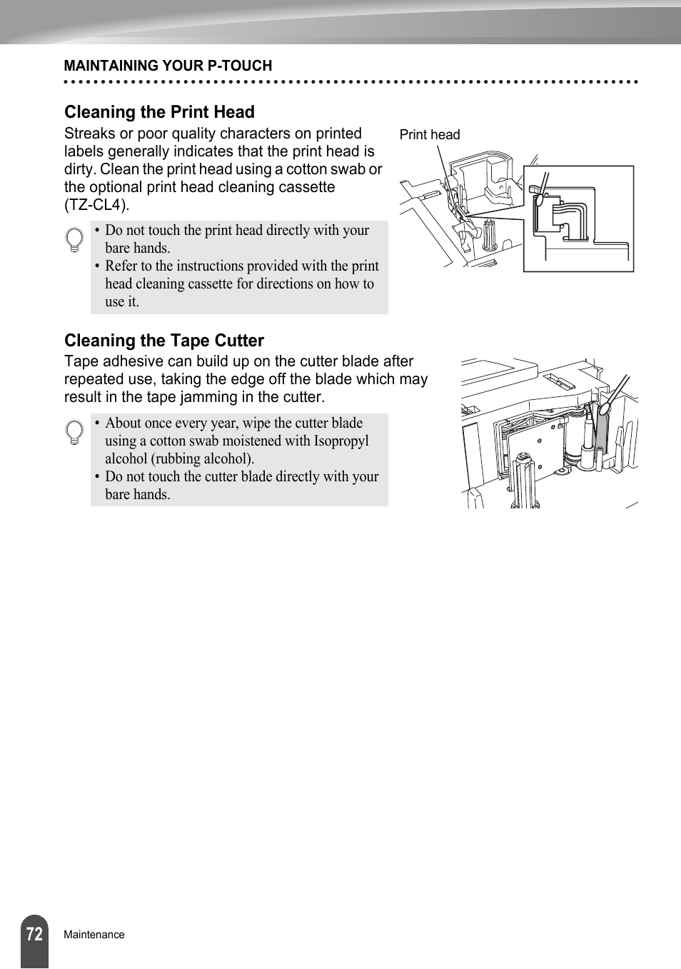 Cleaning the print head, Cleaning the tape cutter, Cleaning the print head cleaning the tape cutter | Brother LW6091001 User Manual | Page 76 / 84