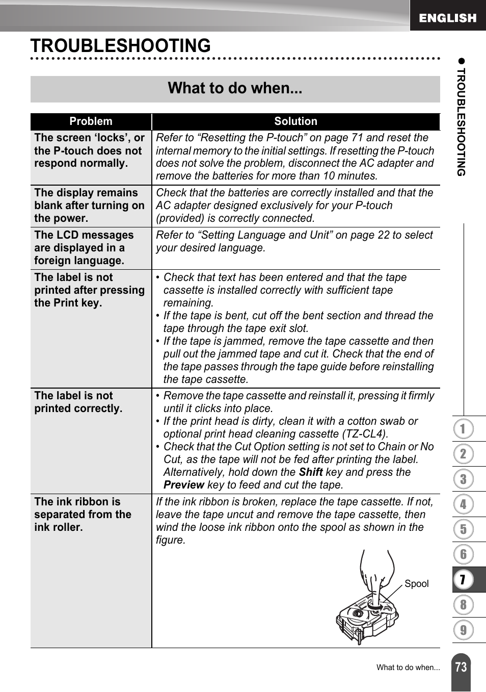 Troubleshooting, What to do when | Brother LW6091001 User Manual | Page 77 / 84