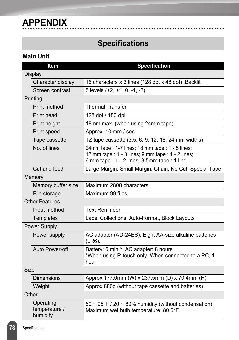 Appendix, Specifications | Brother LW6091001 User Manual | Page 82 / 84