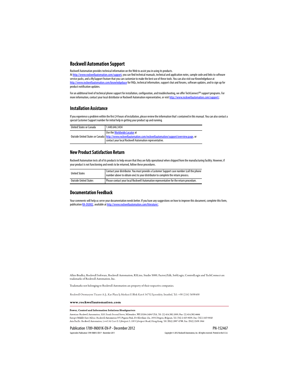 Back cover, Rockwell automation support, Installation assistance | New product satisfaction return, Documentation feedback | Rockwell Automation 1789-L10_L30_L60 SoftLogix 5800 Controller Installation Instructions User Manual | Page 14 / 14