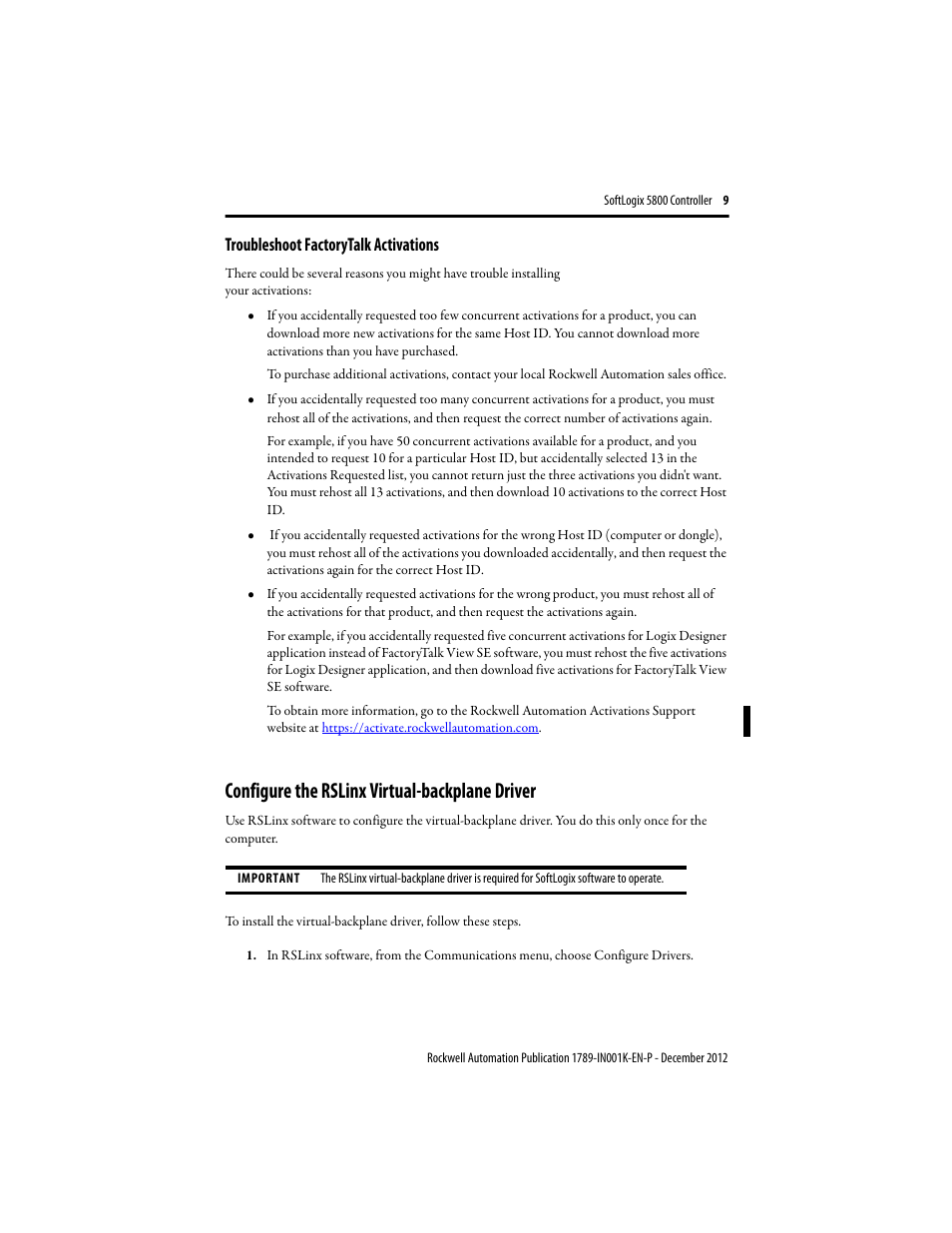 Troubleshoot factorytalk activations, Configure the rslinx virtual-backplane driver | Rockwell Automation 1789-L10_L30_L60 SoftLogix 5800 Controller Installation Instructions User Manual | Page 9 / 14
