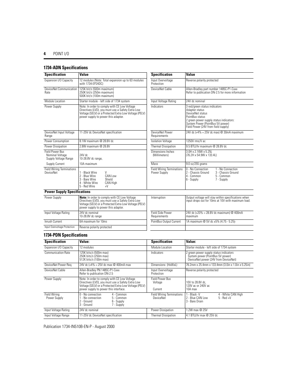 1734-adn specifications, 1734-pdn specifications | Rockwell Automation 1734 Point I/O Installation Instructions User Manual | Page 4 / 12