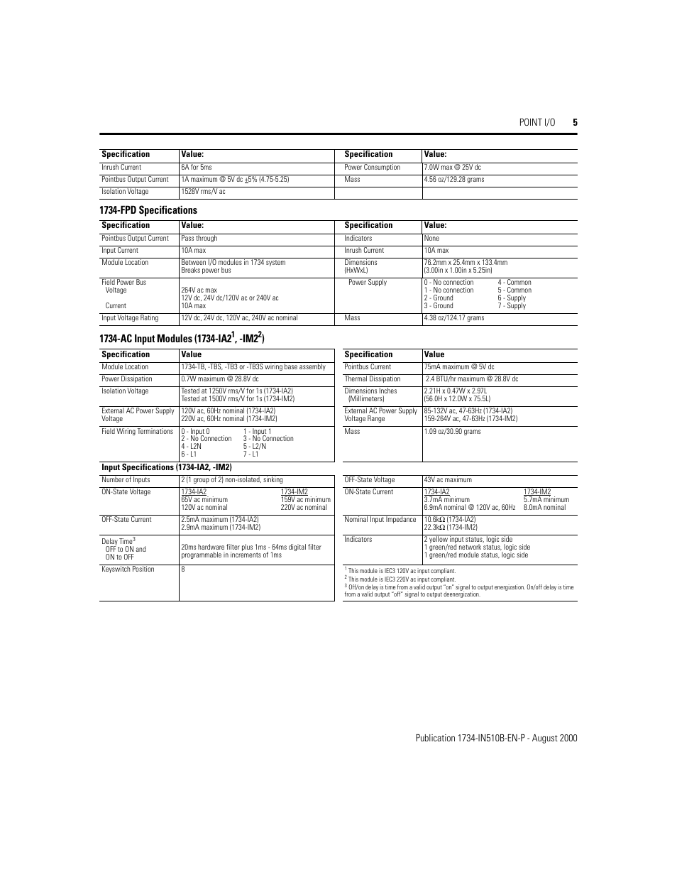 1734-fpd specifications, 1734-ac input modules (1734-ia21, -im22) | Rockwell Automation 1734 Point I/O Installation Instructions User Manual | Page 5 / 12