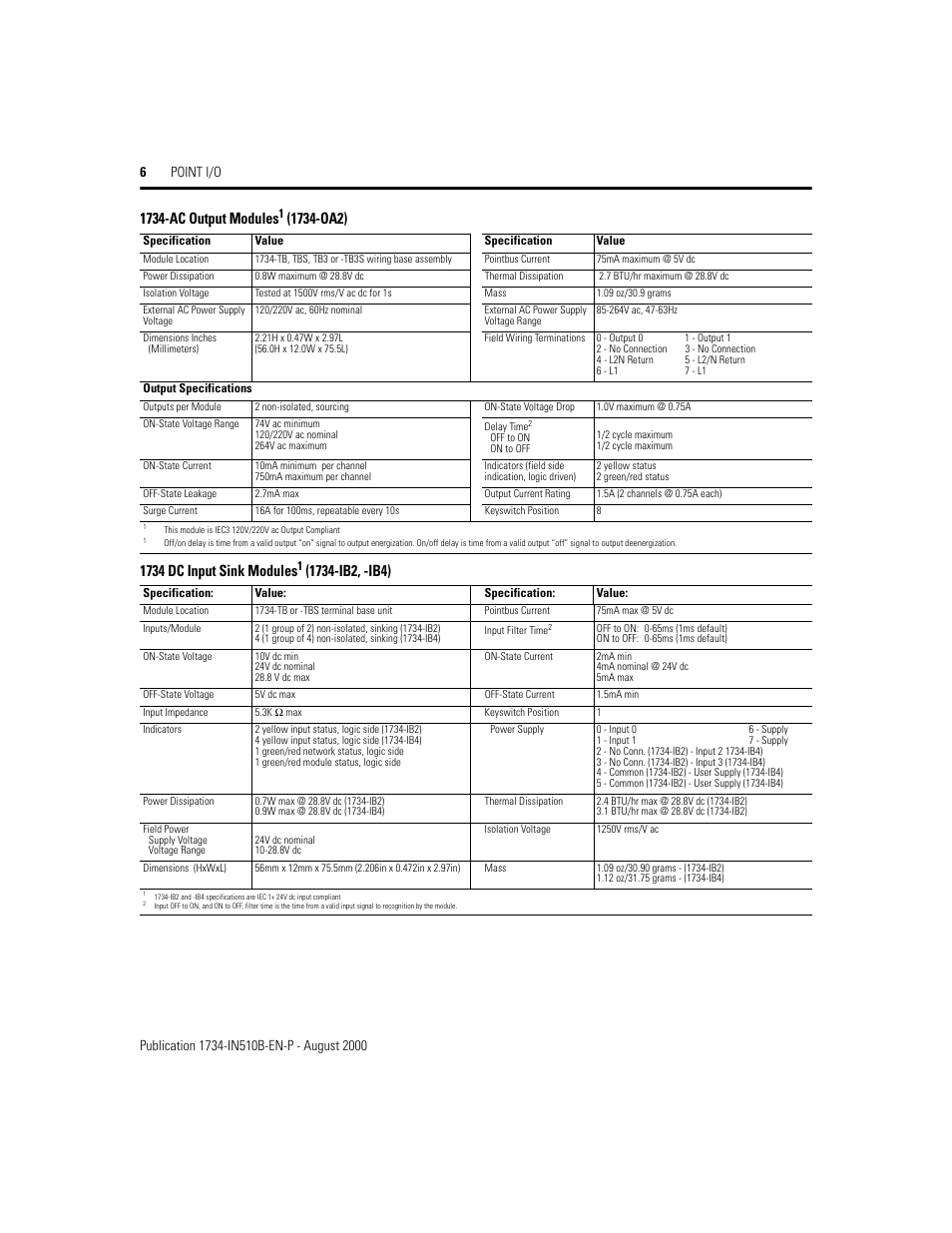 1734-ac output modules1 (1734-oa2), 1734 dc input sink modules1 (1734-ib2, -ib4), 1734-ac output modules | Rockwell Automation 1734 Point I/O Installation Instructions User Manual | Page 6 / 12