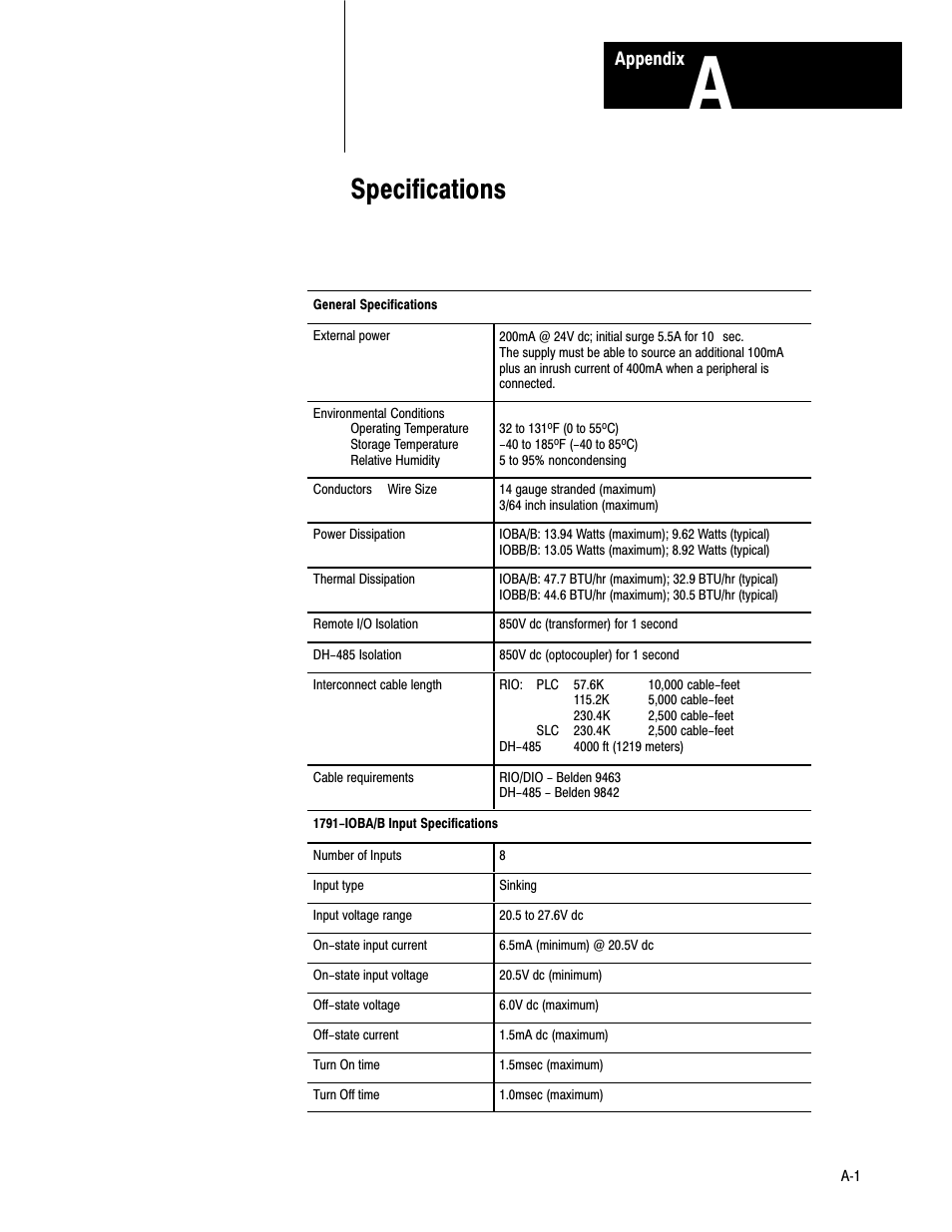 A - specifications, Specifications | Rockwell Automation 1791-IOBB USER MANUAL User Manual | Page 30 / 34