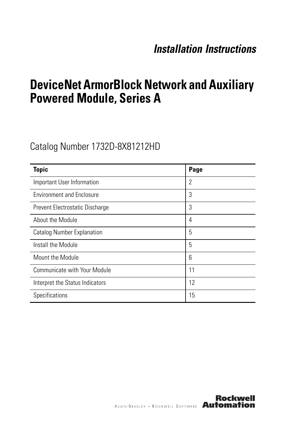 Rockwell Automation 1732D-8X81212HD DNet ArmorBlock Network and Auxiliary Powered Module, Series A, IN User Manual | 24 pages