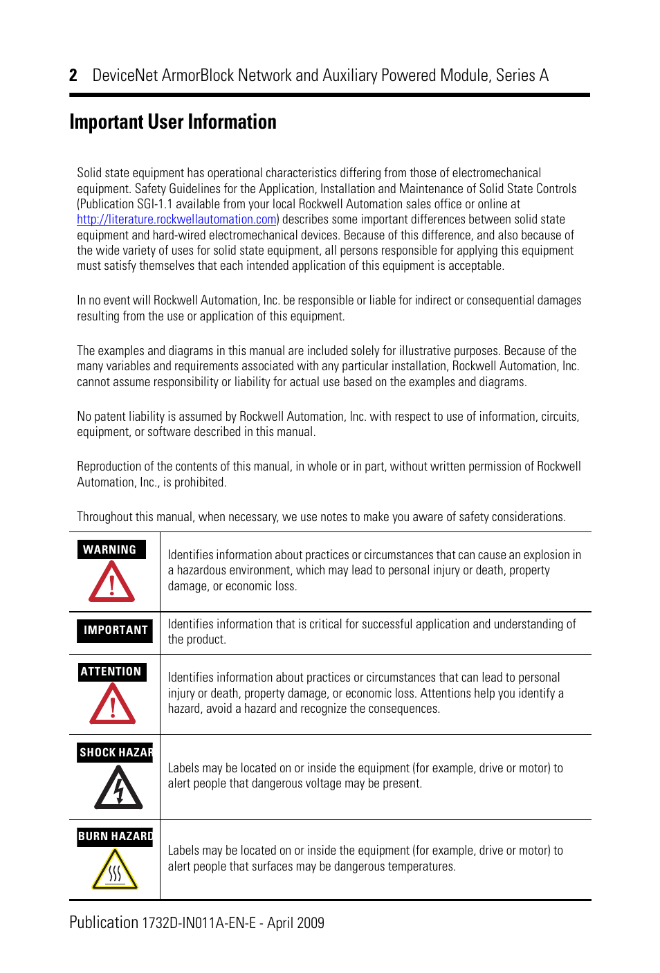 Important user information | Rockwell Automation 1732D-8X81212HD DNet ArmorBlock Network and Auxiliary Powered Module, Series A, IN User Manual | Page 2 / 24