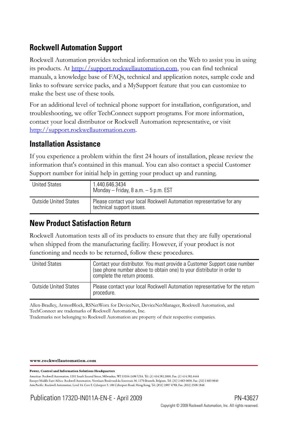 Back cover, Rockwell automation support, Installation assistance | New product satisfaction return, Publication | Rockwell Automation 1732D-8X81212HD DNet ArmorBlock Network and Auxiliary Powered Module, Series A, IN User Manual | Page 24 / 24