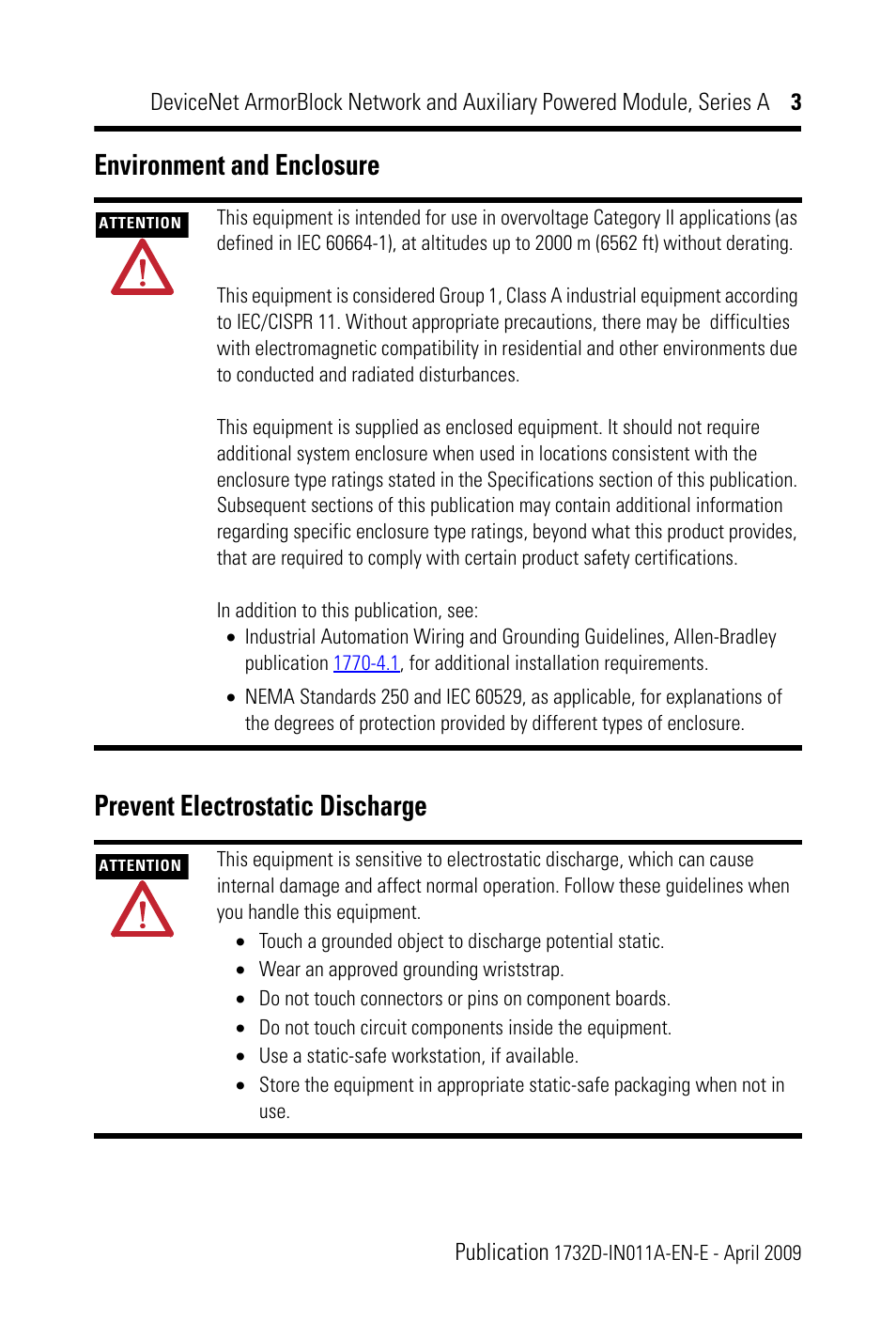 Environment and enclosure, Prevent electrostatic discharge | Rockwell Automation 1732D-8X81212HD DNet ArmorBlock Network and Auxiliary Powered Module, Series A, IN User Manual | Page 3 / 24