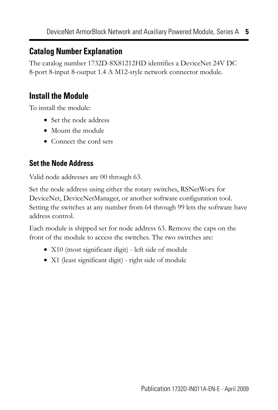 Catalog number explanation, Install the module, Set the node address | Rockwell Automation 1732D-8X81212HD DNet ArmorBlock Network and Auxiliary Powered Module, Series A, IN User Manual | Page 5 / 24