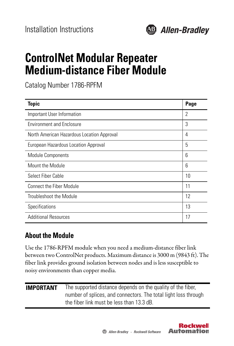 Rockwell Automation 1786-RPFM ControlNet Modular Repeater Med-distance Fiber Module Installation Instructio User Manual | 20 pages