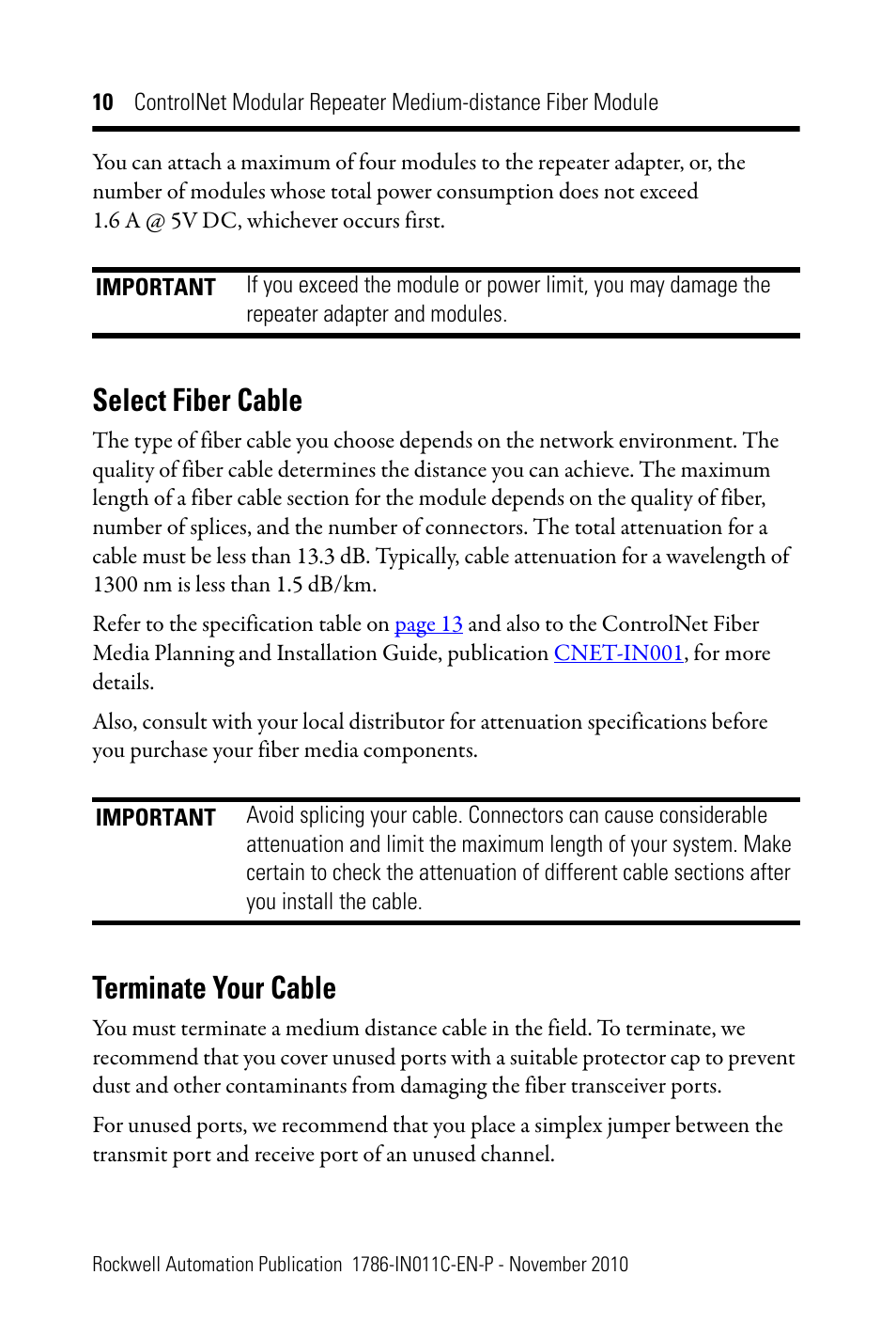 Select fiber cable, Terminate your cable | Rockwell Automation 1786-RPFM ControlNet Modular Repeater Med-distance Fiber Module Installation Instructio User Manual | Page 10 / 20