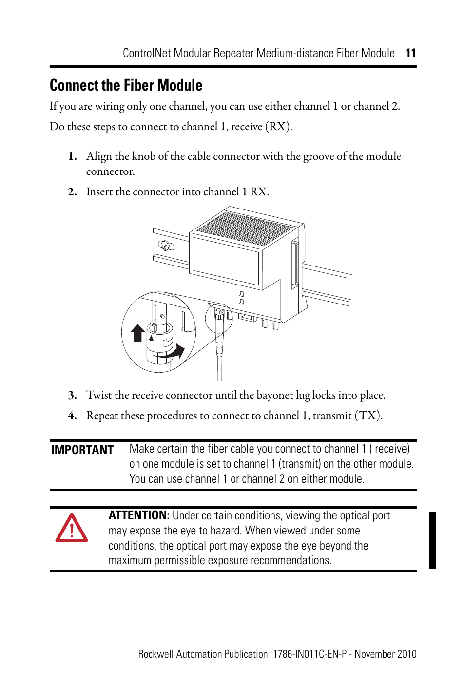 Connect the fiber module | Rockwell Automation 1786-RPFM ControlNet Modular Repeater Med-distance Fiber Module Installation Instructio User Manual | Page 11 / 20