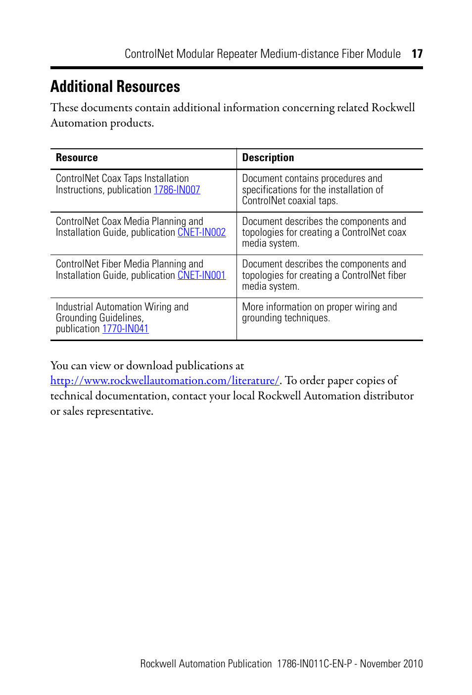 Additional resources | Rockwell Automation 1786-RPFM ControlNet Modular Repeater Med-distance Fiber Module Installation Instructio User Manual | Page 17 / 20
