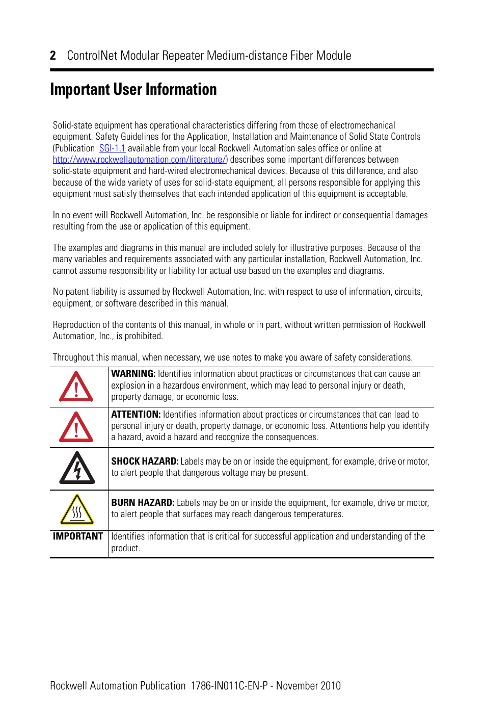 Important user information | Rockwell Automation 1786-RPFM ControlNet Modular Repeater Med-distance Fiber Module Installation Instructio User Manual | Page 2 / 20