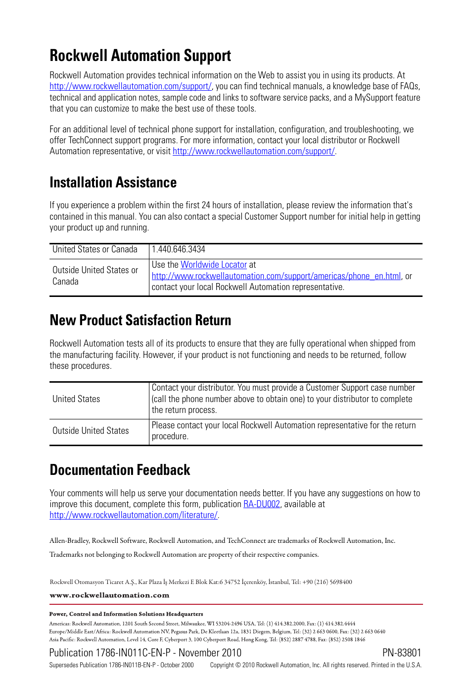Back cover, Rockwell automation support, Installation assistance | New product satisfaction return, Documentation feedback | Rockwell Automation 1786-RPFM ControlNet Modular Repeater Med-distance Fiber Module Installation Instructio User Manual | Page 20 / 20