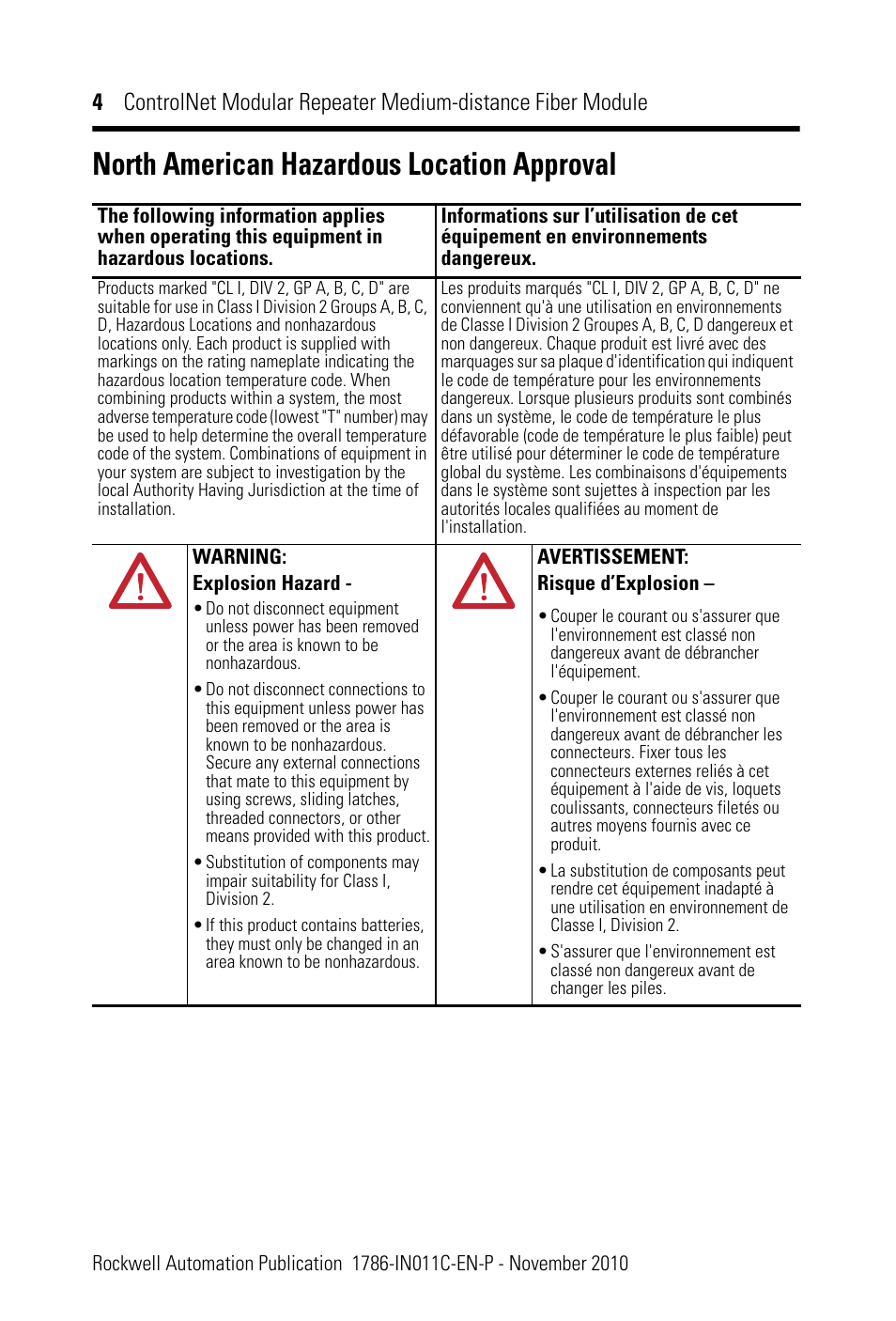 North american hazardous location approval | Rockwell Automation 1786-RPFM ControlNet Modular Repeater Med-distance Fiber Module Installation Instructio User Manual | Page 4 / 20