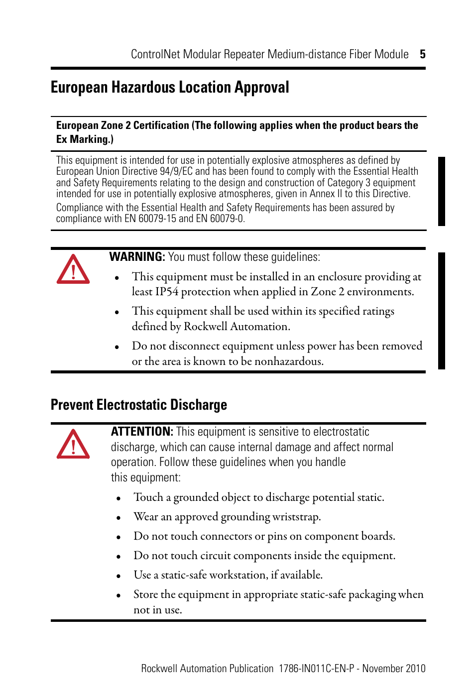 European hazardous location approval, Prevent electrostatic discharge | Rockwell Automation 1786-RPFM ControlNet Modular Repeater Med-distance Fiber Module Installation Instructio User Manual | Page 5 / 20