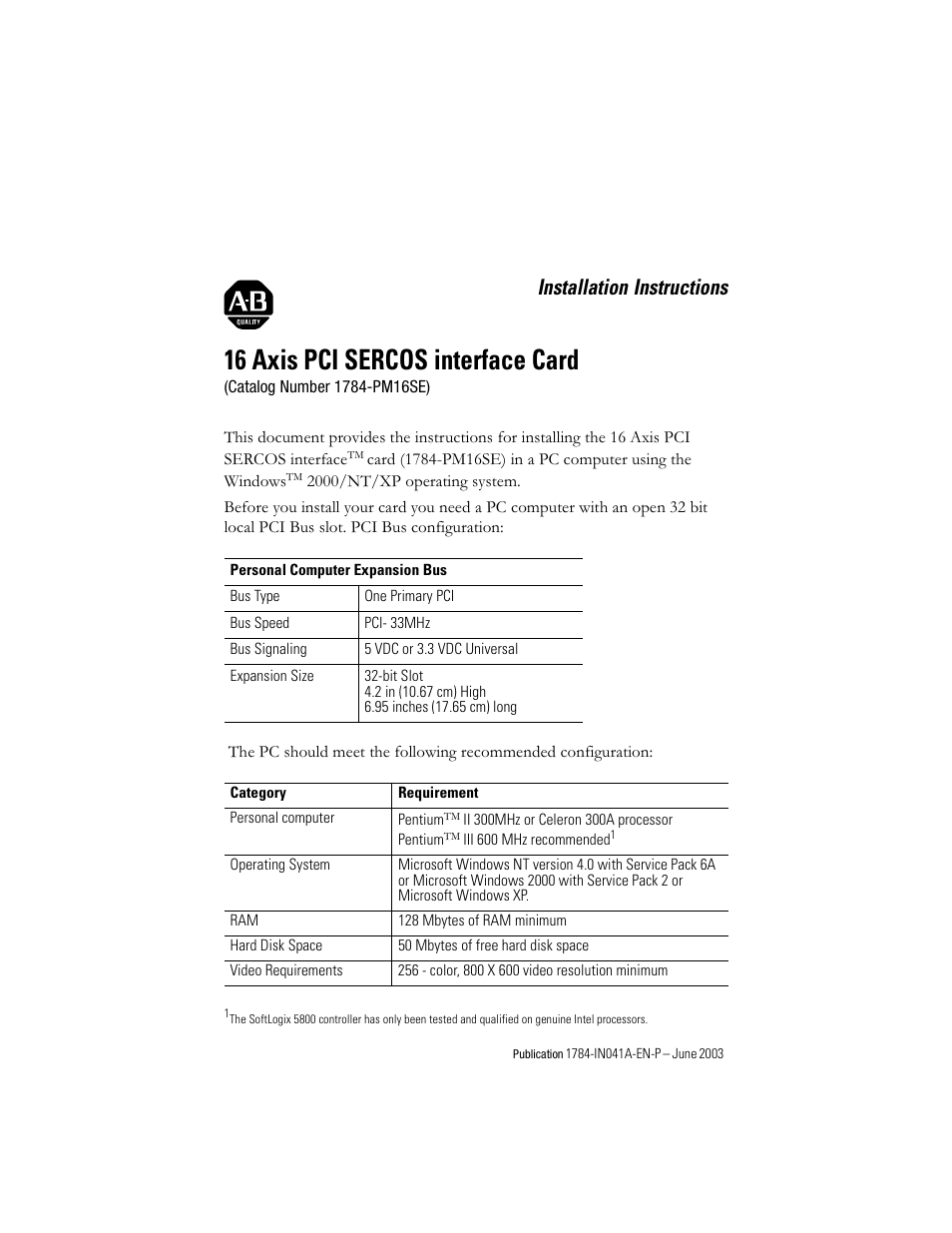 Rockwell Automation 1784-PM16SE 16 Axis PCI SERCOS interface Card Installation Instructions User Manual | 28 pages