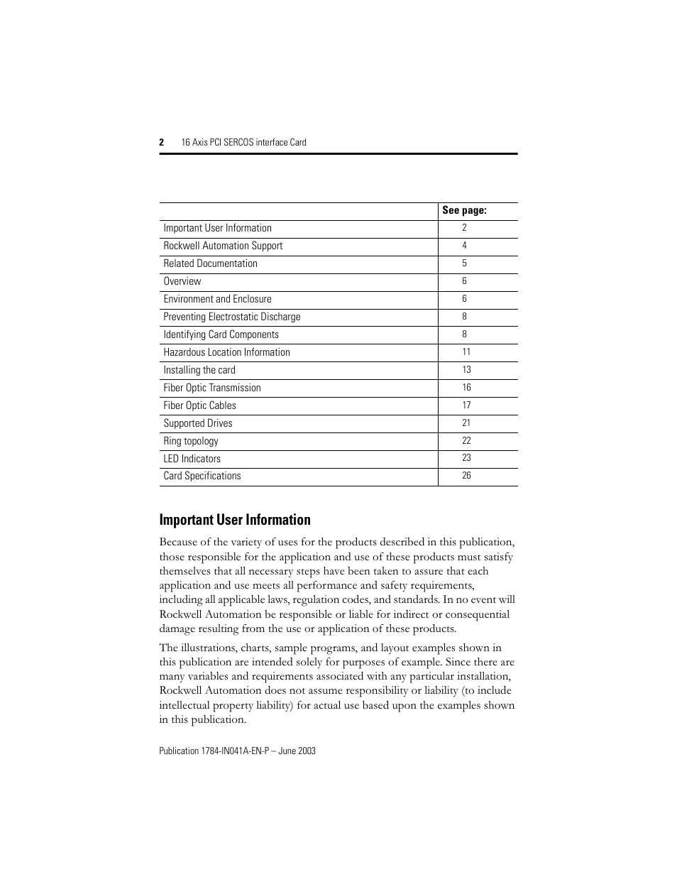 Important user information | Rockwell Automation 1784-PM16SE 16 Axis PCI SERCOS interface Card Installation Instructions User Manual | Page 2 / 28