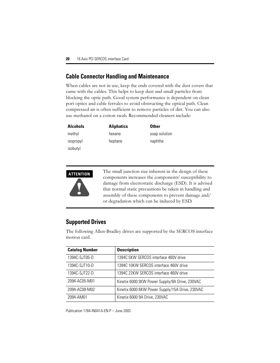 Cable connector handling and maintenance, Supported drives | Rockwell Automation 1784-PM16SE 16 Axis PCI SERCOS interface Card Installation Instructions User Manual | Page 20 / 28