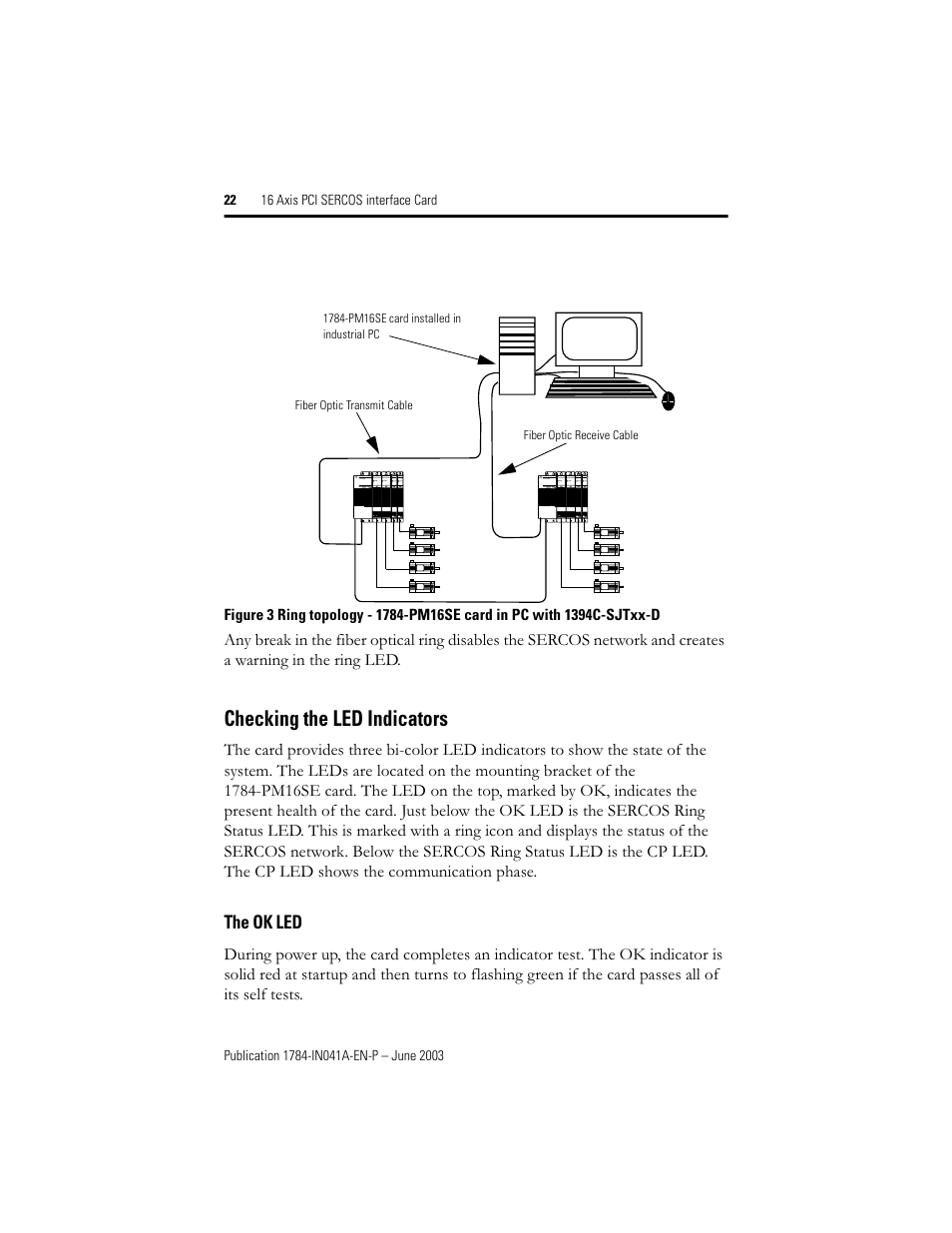 Checking the led indicators | Rockwell Automation 1784-PM16SE 16 Axis PCI SERCOS interface Card Installation Instructions User Manual | Page 22 / 28