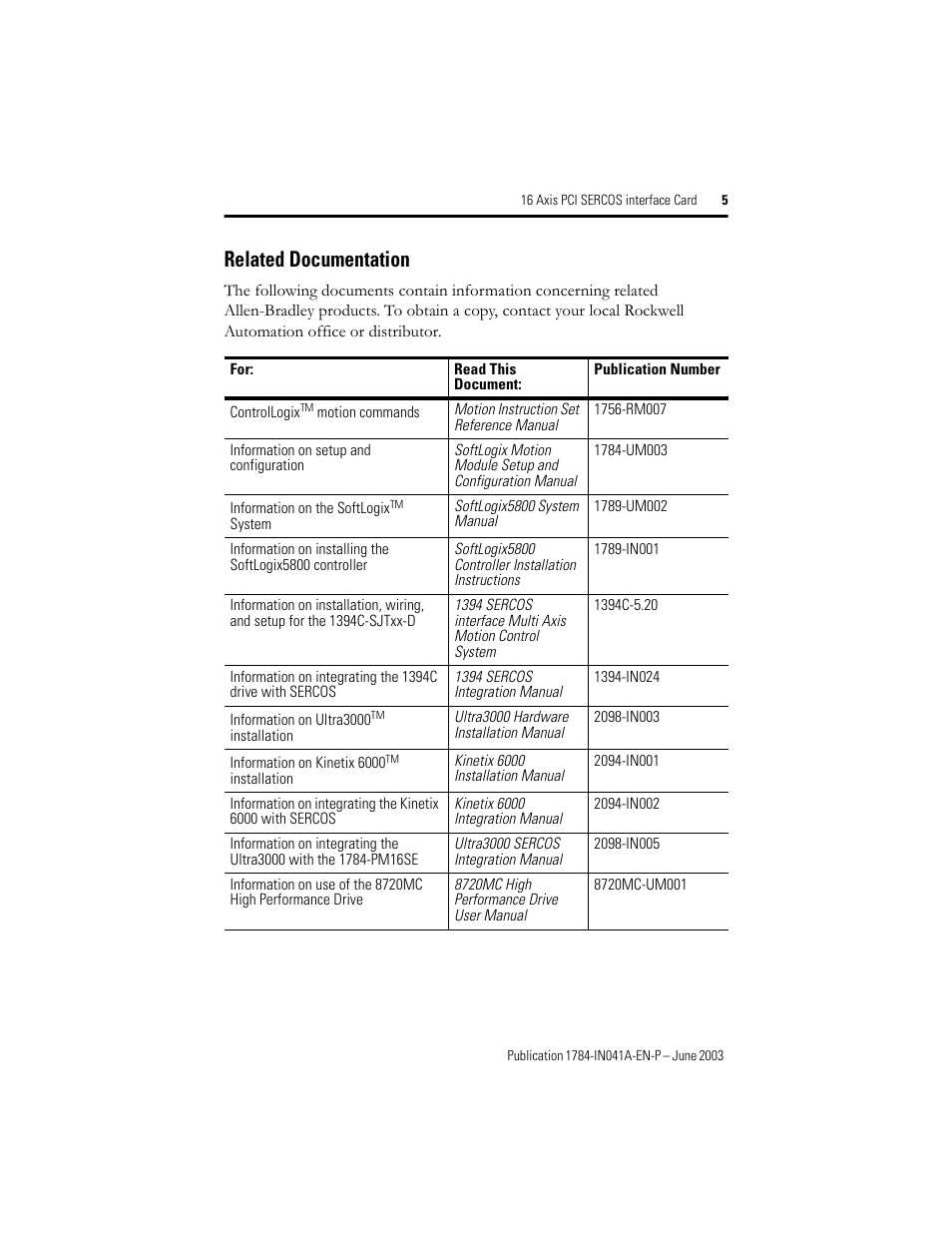 Related documentation | Rockwell Automation 1784-PM16SE 16 Axis PCI SERCOS interface Card Installation Instructions User Manual | Page 5 / 28