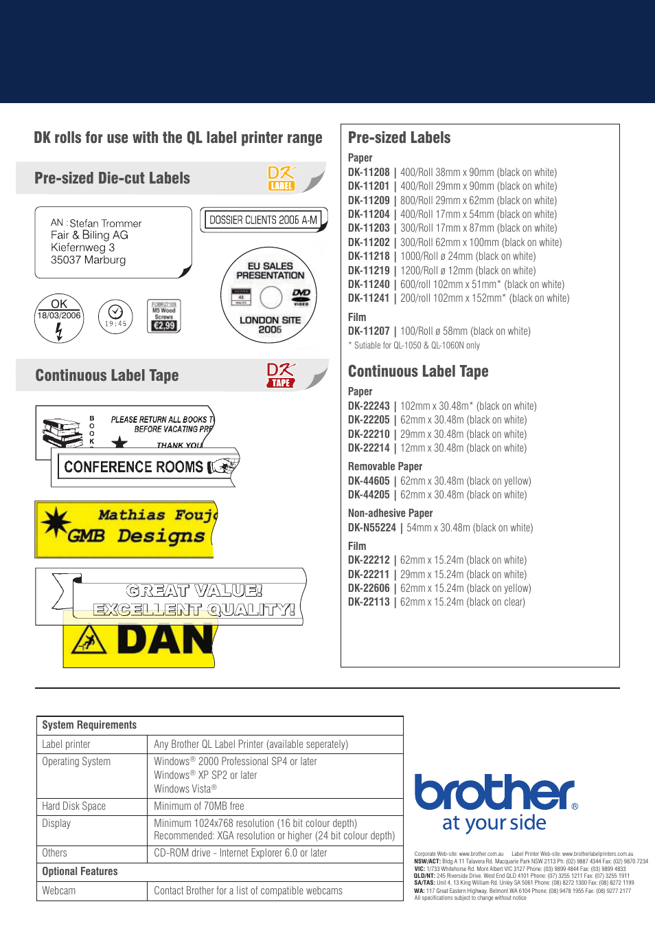 Dk rolls for use with the ql label printer range, Pre-sized die-cut labels continuous label tape, Pre-sized labels | Continuous label tape | Brother VM-100 User Manual | Page 8 / 8