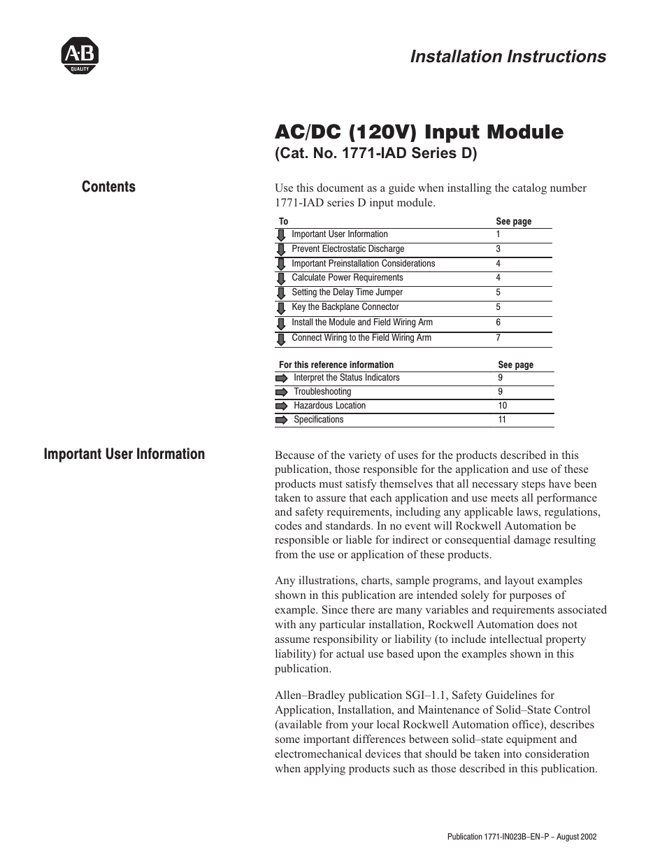 Rockwell Automation 1771-IAD AC/DC (120V)Input Installation Instructions User Manual | 12 pages