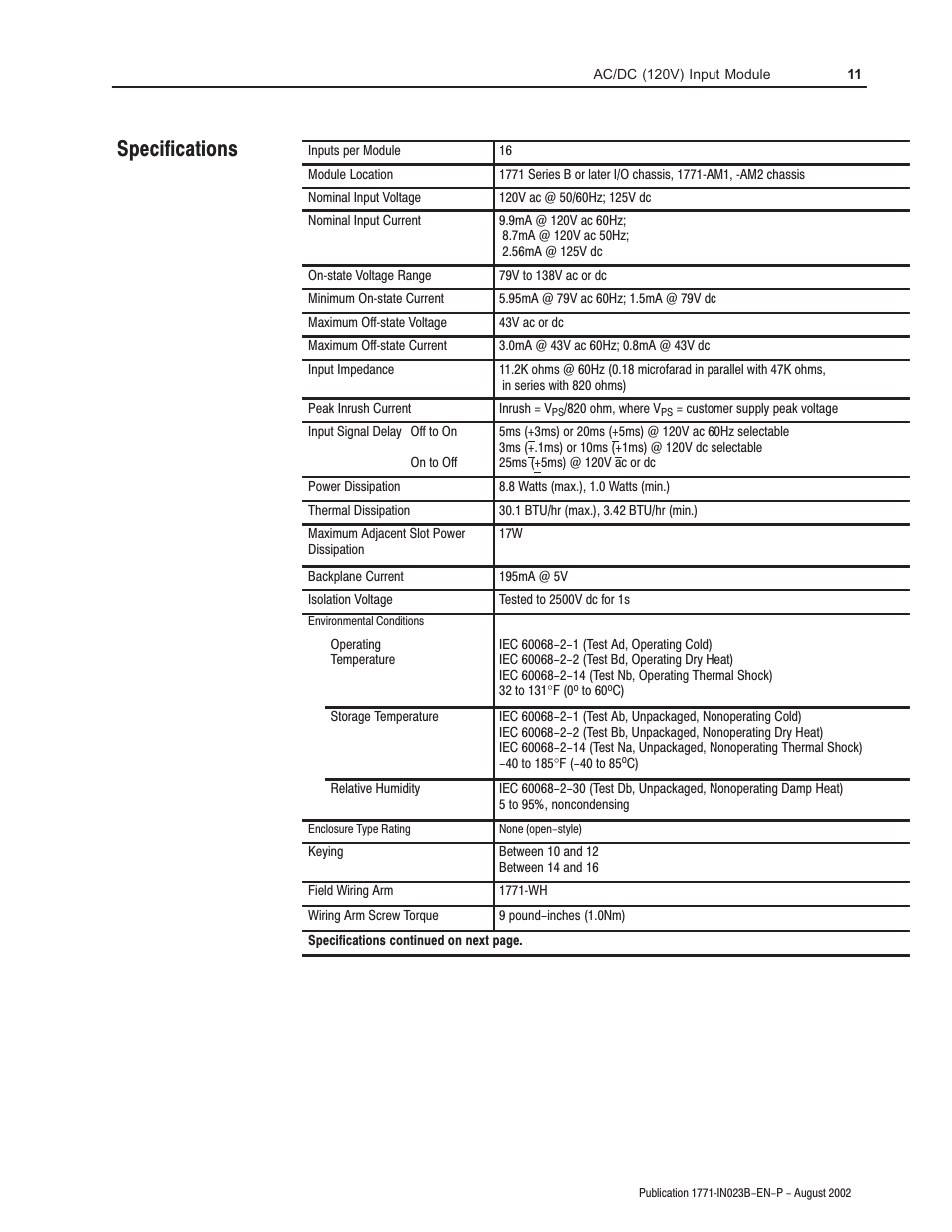 Specifications | Rockwell Automation 1771-IAD AC/DC (120V)Input Installation Instructions User Manual | Page 11 / 12