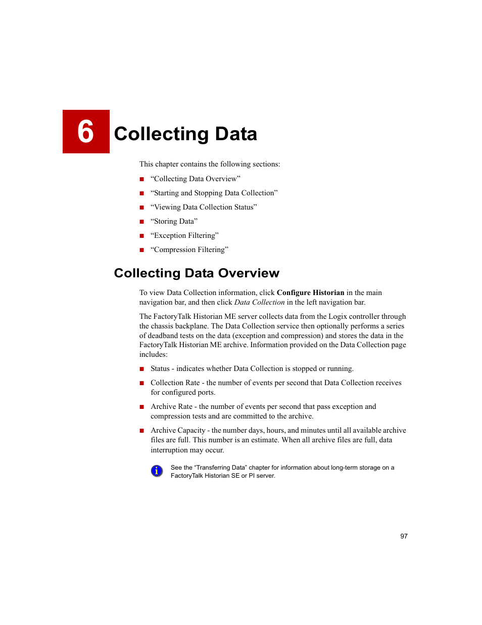 Collecting data, Collecting data overview, 6 • collecting data | Rockwell Automation 1756-HIST2G FactoryTalk Historian ME 2.2  User Manual | Page 107 / 330