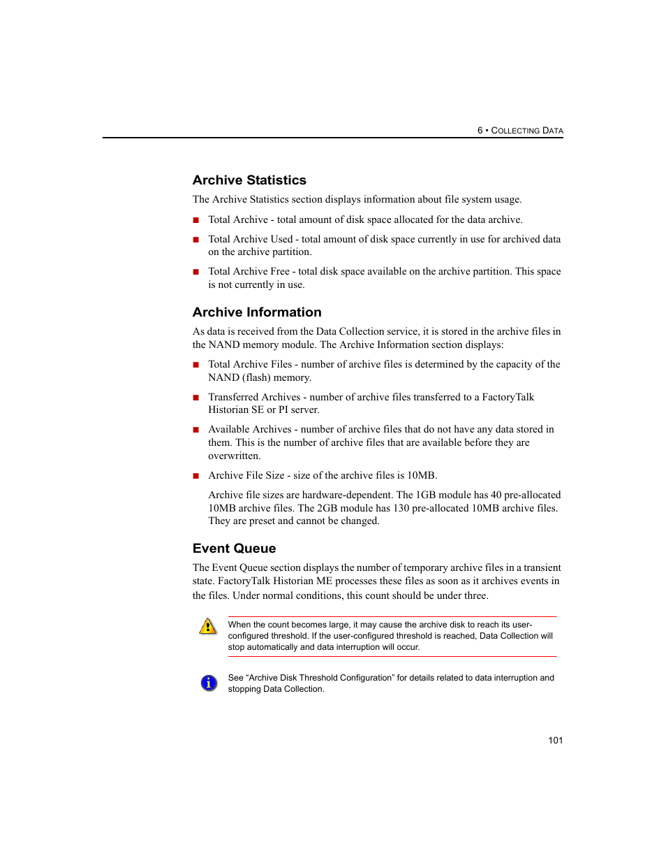 Archive statistics, Archive information, Event queue | Archive statistics archive information event queue | Rockwell Automation 1756-HIST2G FactoryTalk Historian ME 2.2  User Manual | Page 111 / 330