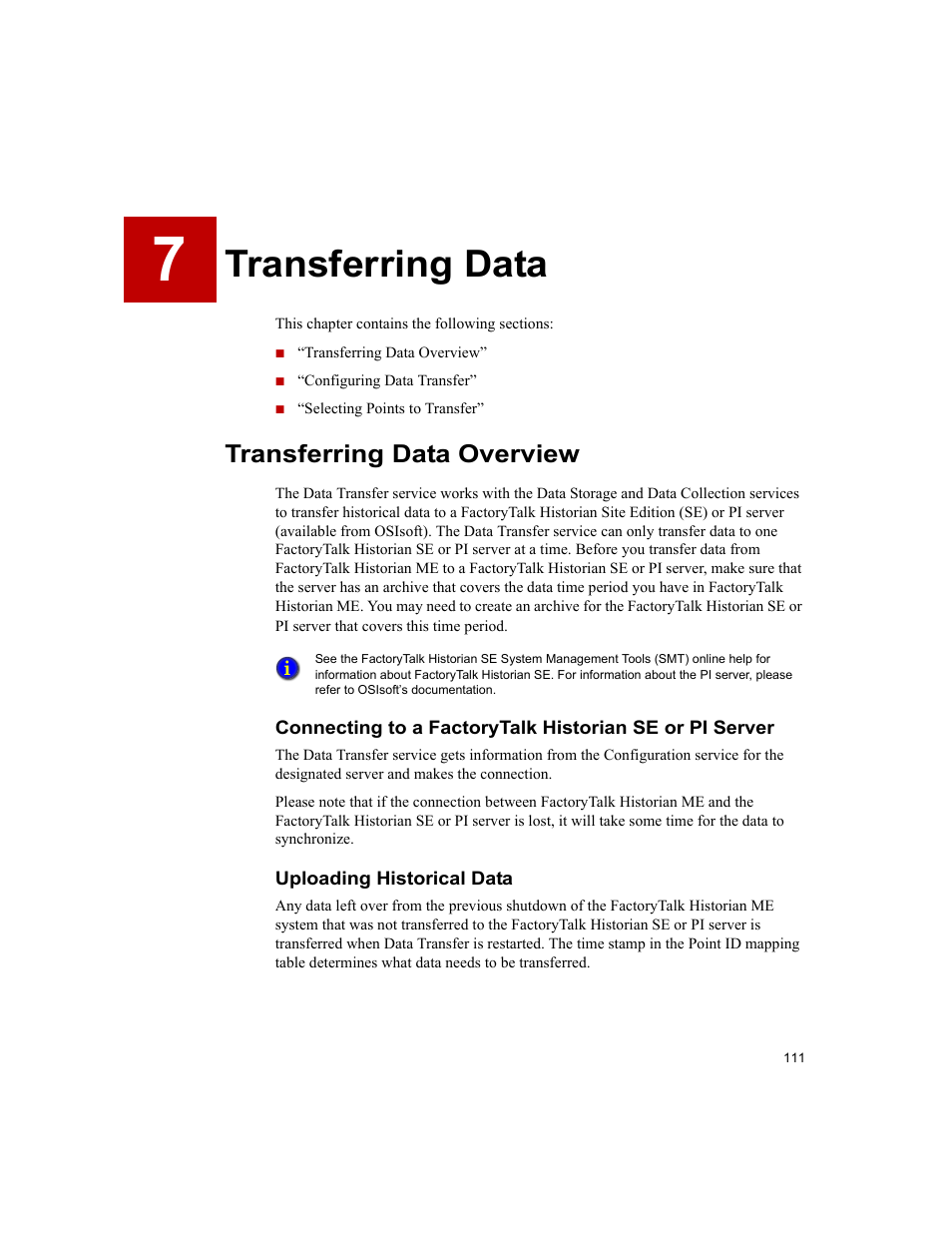 Transferring data, Transferring data overview, Uploading historical data | 7 • transferring data, E the “transferring data | Rockwell Automation 1756-HIST2G FactoryTalk Historian ME 2.2  User Manual | Page 121 / 330
