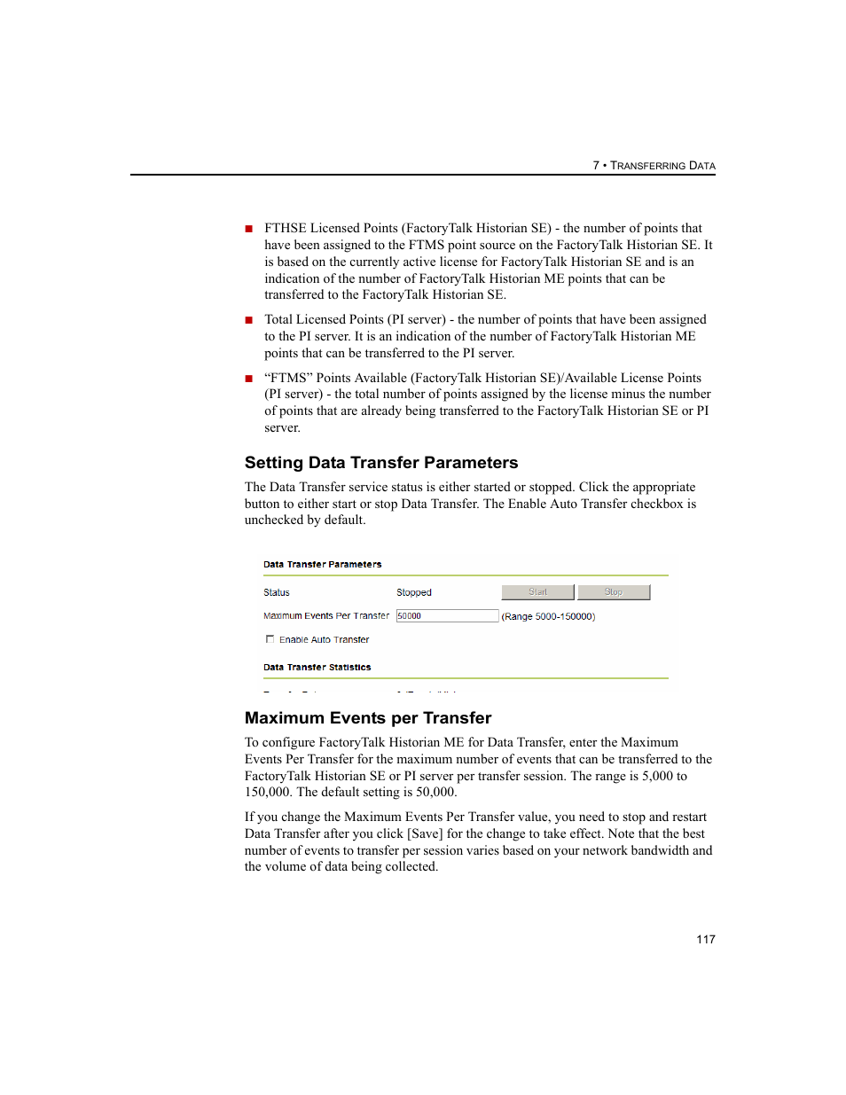 Setting data transfer parameters, Maximum events per transfer | Rockwell Automation 1756-HIST2G FactoryTalk Historian ME 2.2  User Manual | Page 127 / 330