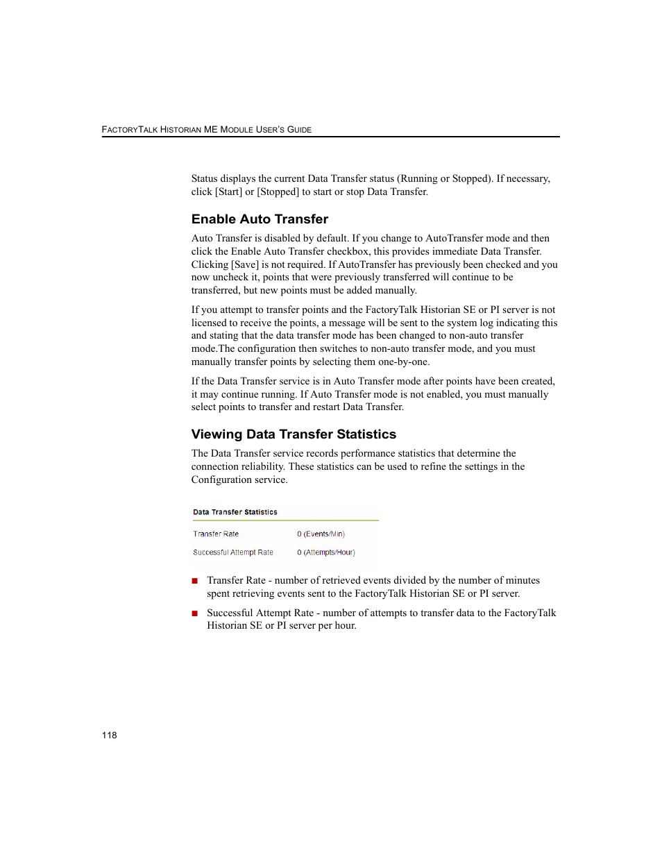 Enable auto transfer, Viewing data transfer statistics | Rockwell Automation 1756-HIST2G FactoryTalk Historian ME 2.2  User Manual | Page 128 / 330