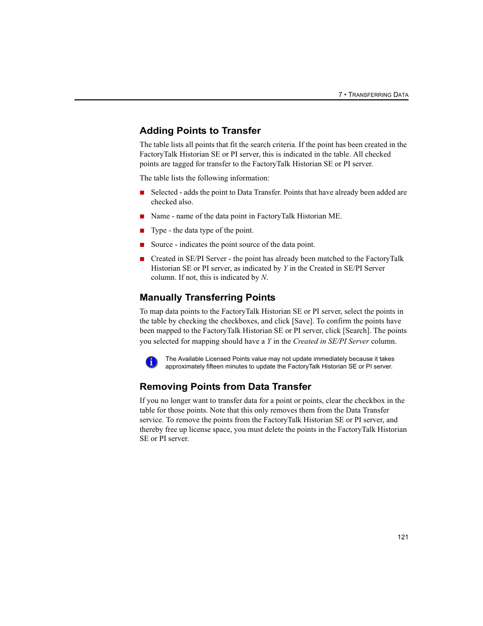 Adding points to transfer, Manually transferring points, Removing points from data transfer | Rockwell Automation 1756-HIST2G FactoryTalk Historian ME 2.2  User Manual | Page 131 / 330