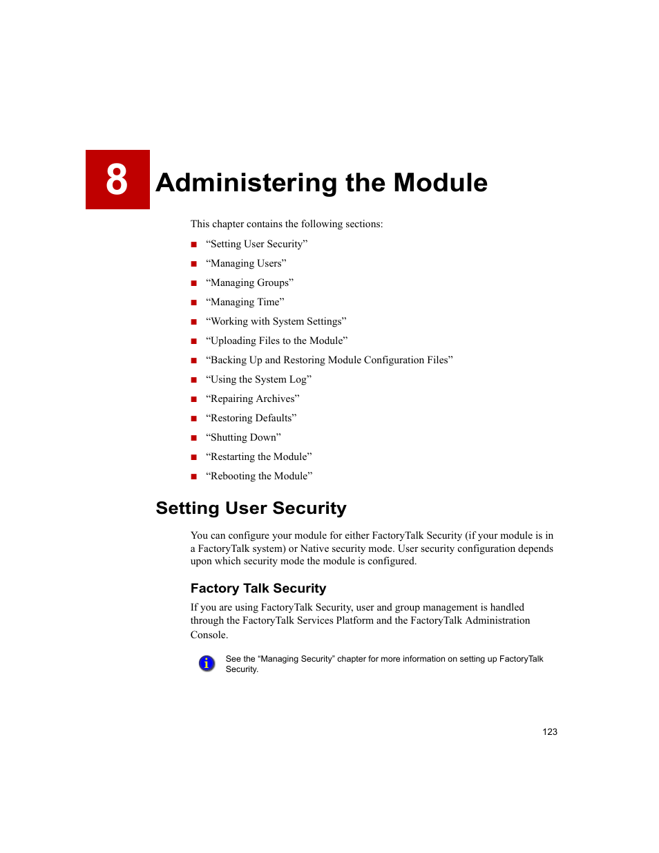 Administering the module, Setting user security, Factory talk security | 8 • administering the module | Rockwell Automation 1756-HIST2G FactoryTalk Historian ME 2.2  User Manual | Page 133 / 330
