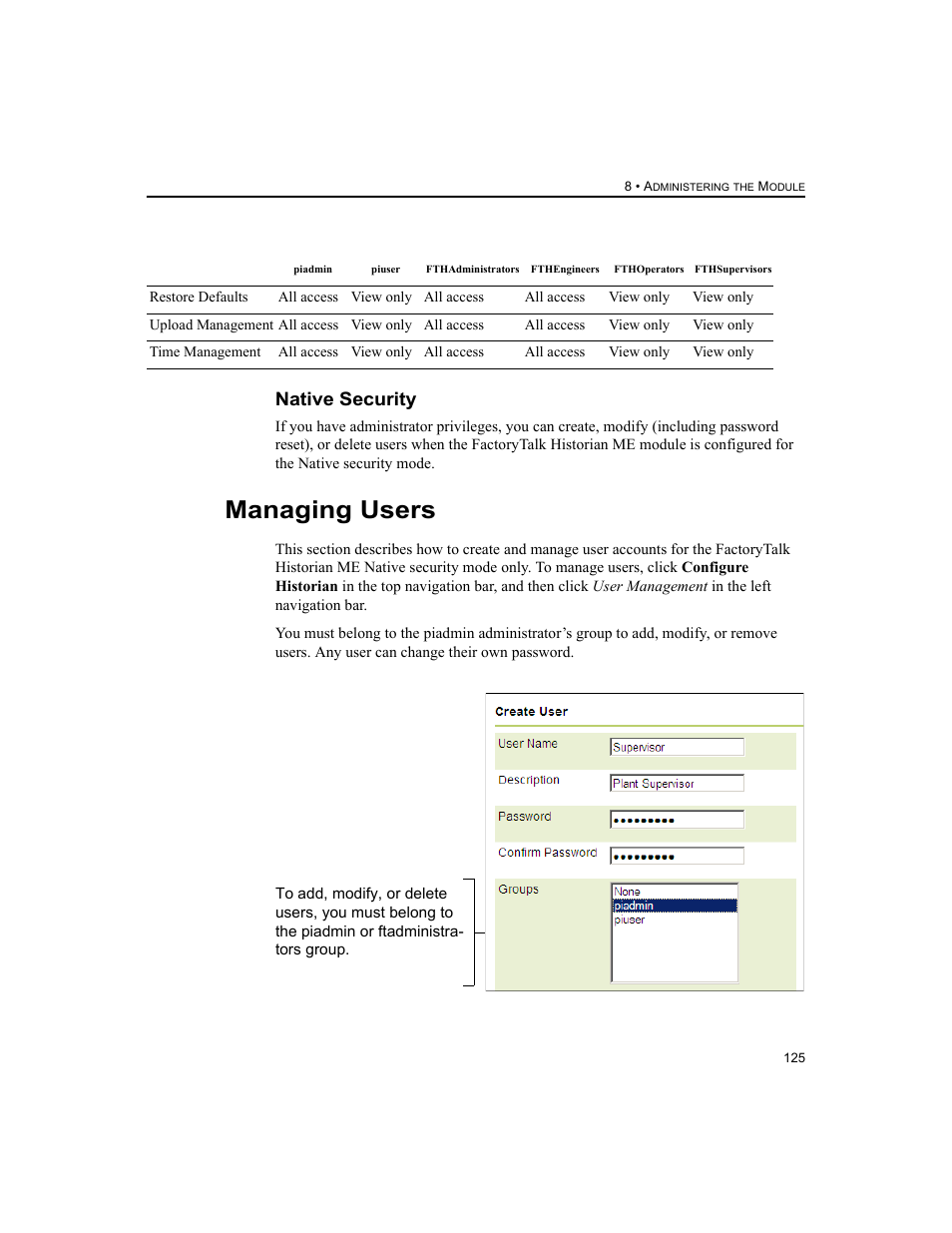 Native security, Managing users | Rockwell Automation 1756-HIST2G FactoryTalk Historian ME 2.2  User Manual | Page 135 / 330